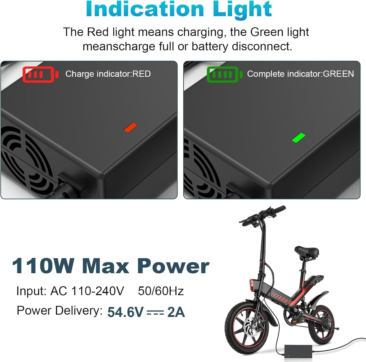 Cargador 54.6V 2A para bici eléctrica 48V 13S Li-ion