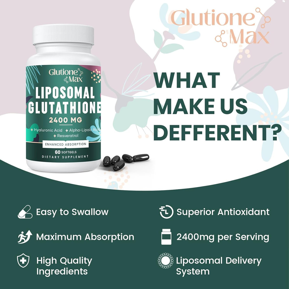 Suplemento de glutatión con ácido hialurónico resveratrol