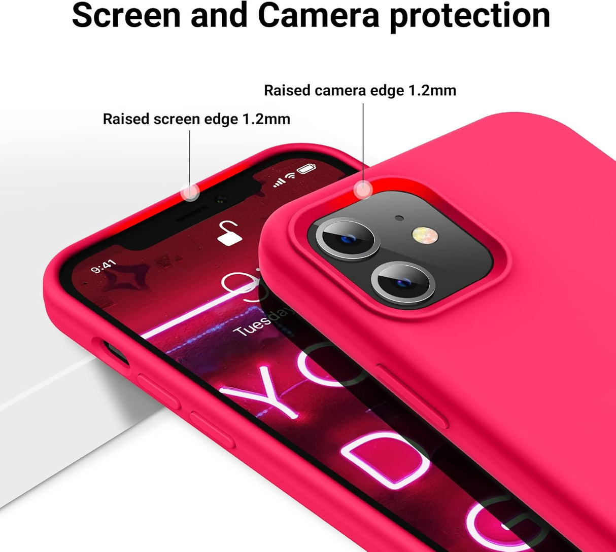 OTOFLY Funda de silicona suave diseñada para iPhone 12/12 Pro, protección contra caídas de grado militar, forro de microfibra antiarañazos, funda protectora a prueba de golpes, funda delgada de 6.1 pulgadas, rosa neón