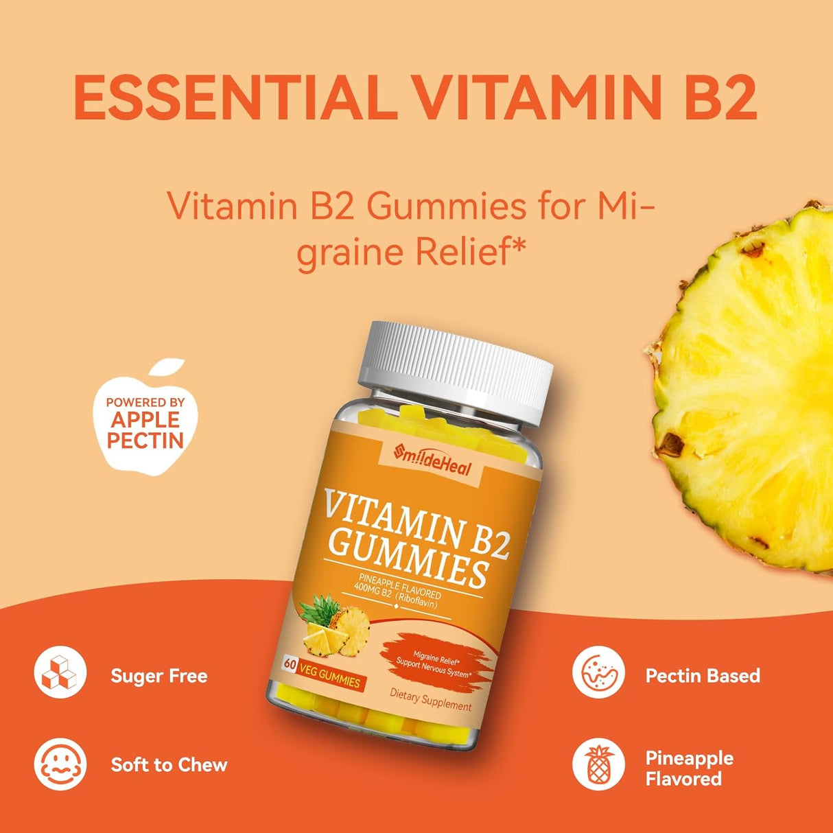 Vitamin B2 Gummies, Suplemento Vegano 400mg, 120u