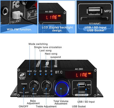 Amplificador de Audio 400W Bluetooth 5.0, Modelo AK-380