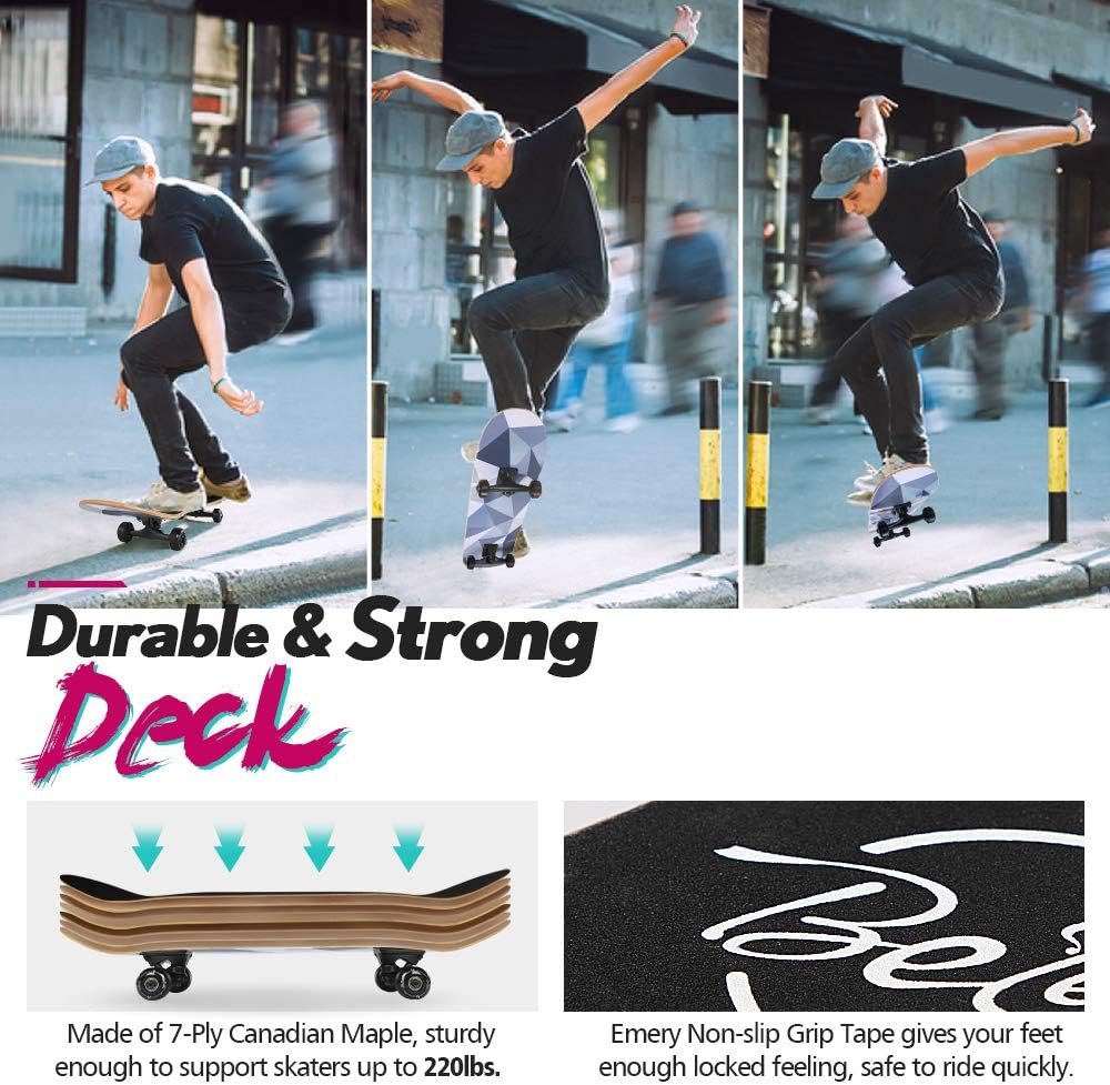 Patineta completa para principiantes, 31"x8", 7 capas, doble kick