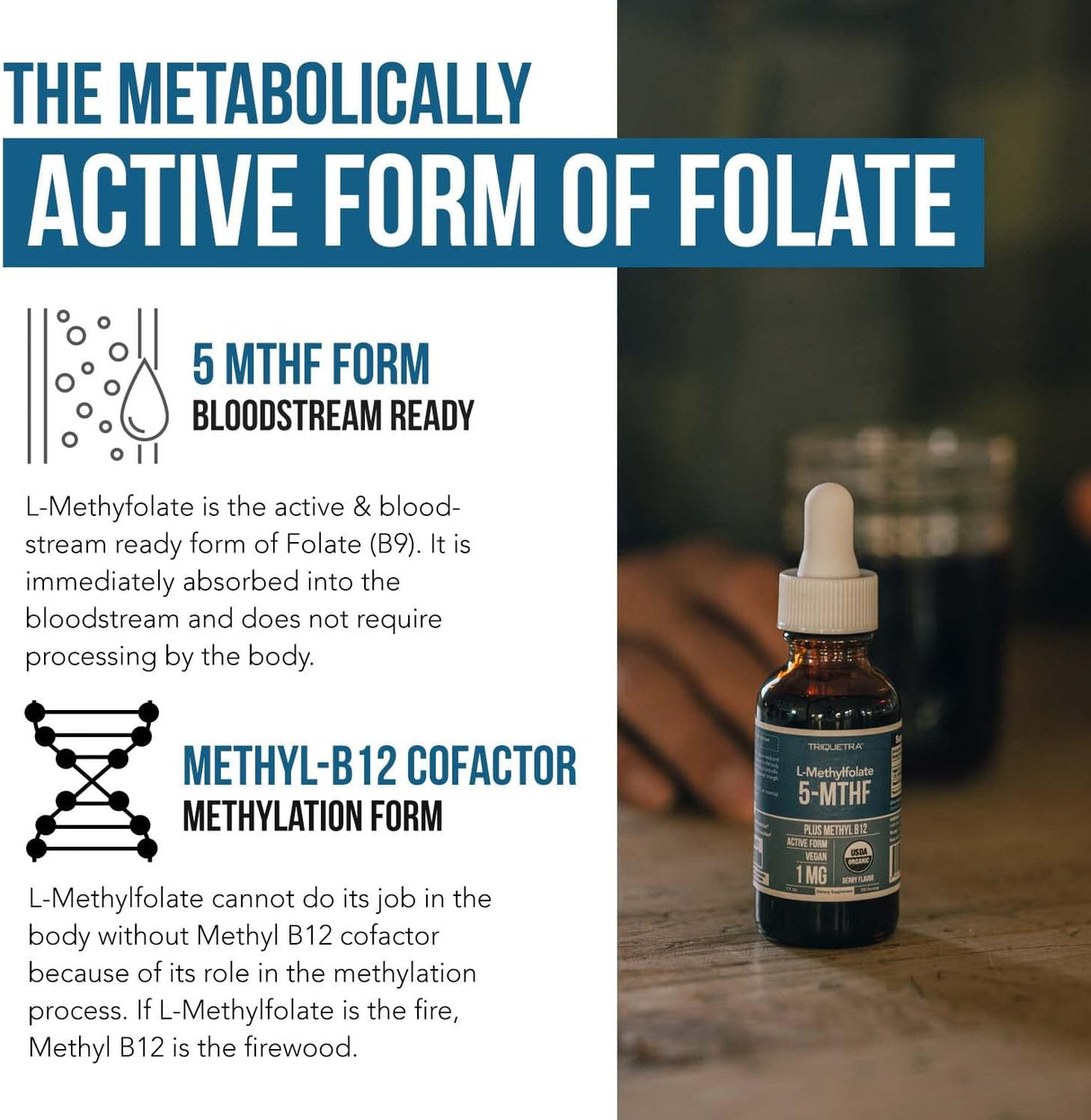 Folato de metilo orgánico 1000 mcg + B12, forma líquida sublingual