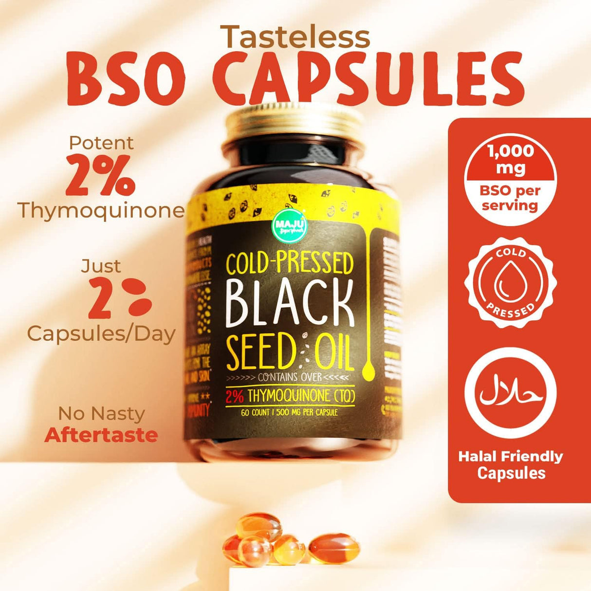 Cápsulas de Aceite de Semilla Negra MAJU, 500mg, 60 Conteo