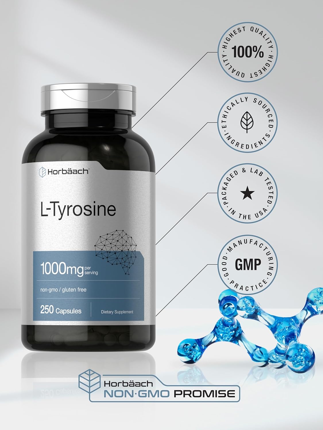 Suplemento L-Tirosina Horbaach | 1000mg | 250 Cápsulas