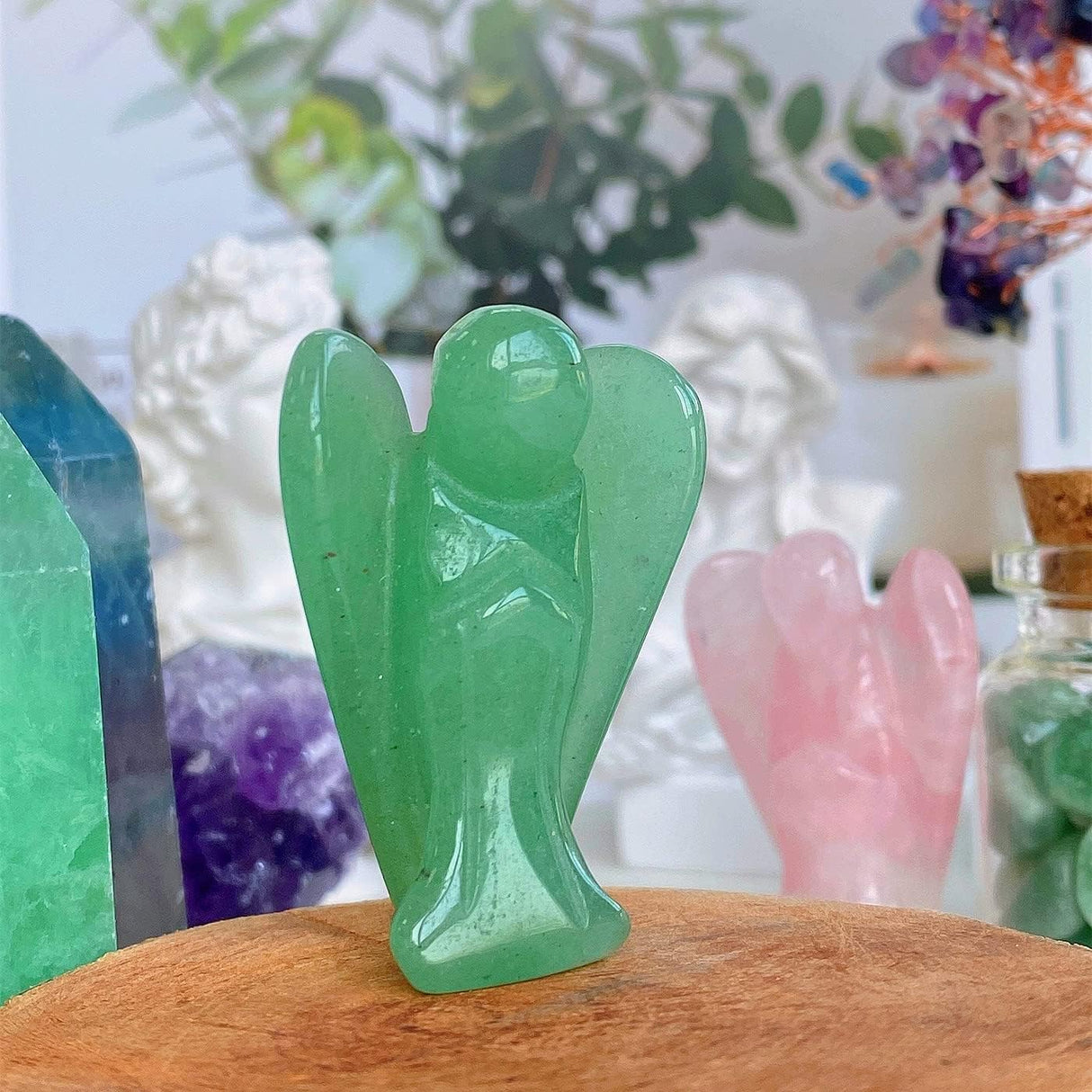 QINJIEJIE Cristales de ángel de aventurina verde tallados bolsillo guardián decoración estatua de cristal pulido estatua de ángel de la paz regalo espiritual meditación proteger para los amantes de