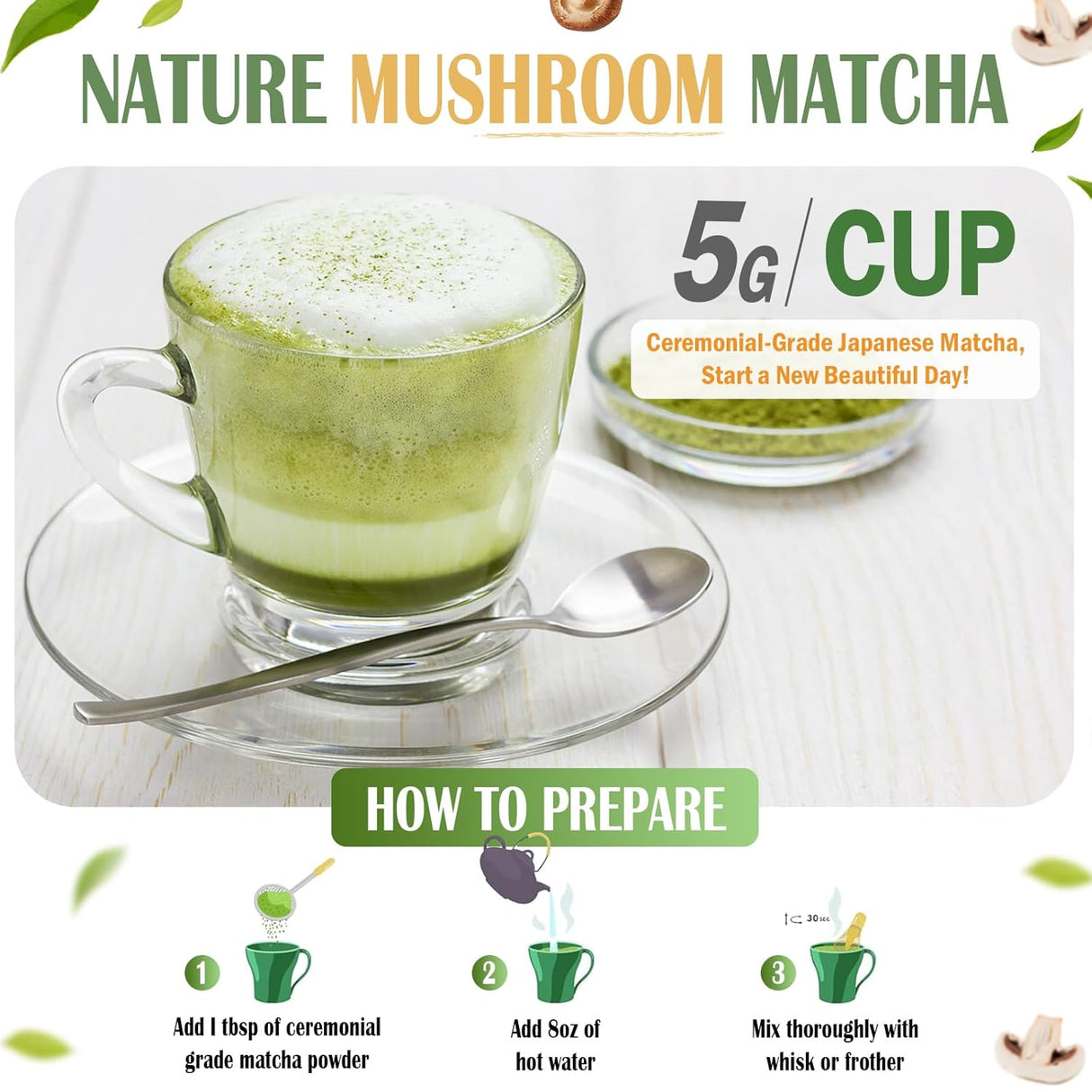 Polvo de Matcha con Hongos Superfood, 8 Oz, Sabor Delicioso