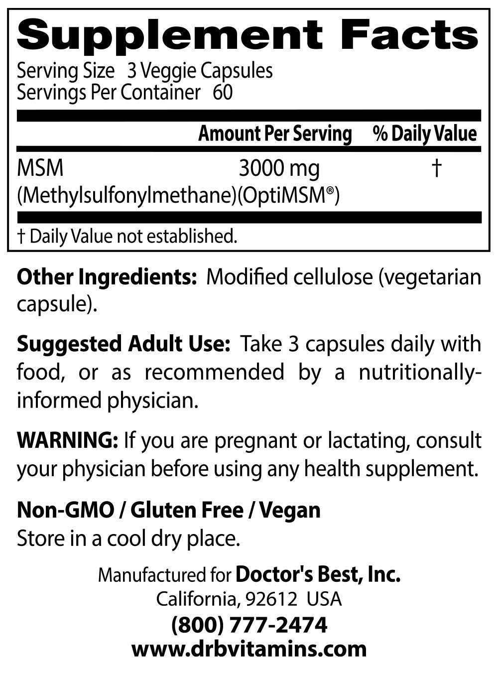 Doctor's Best MSM con OptiMSM, sin OGM, sin gluten