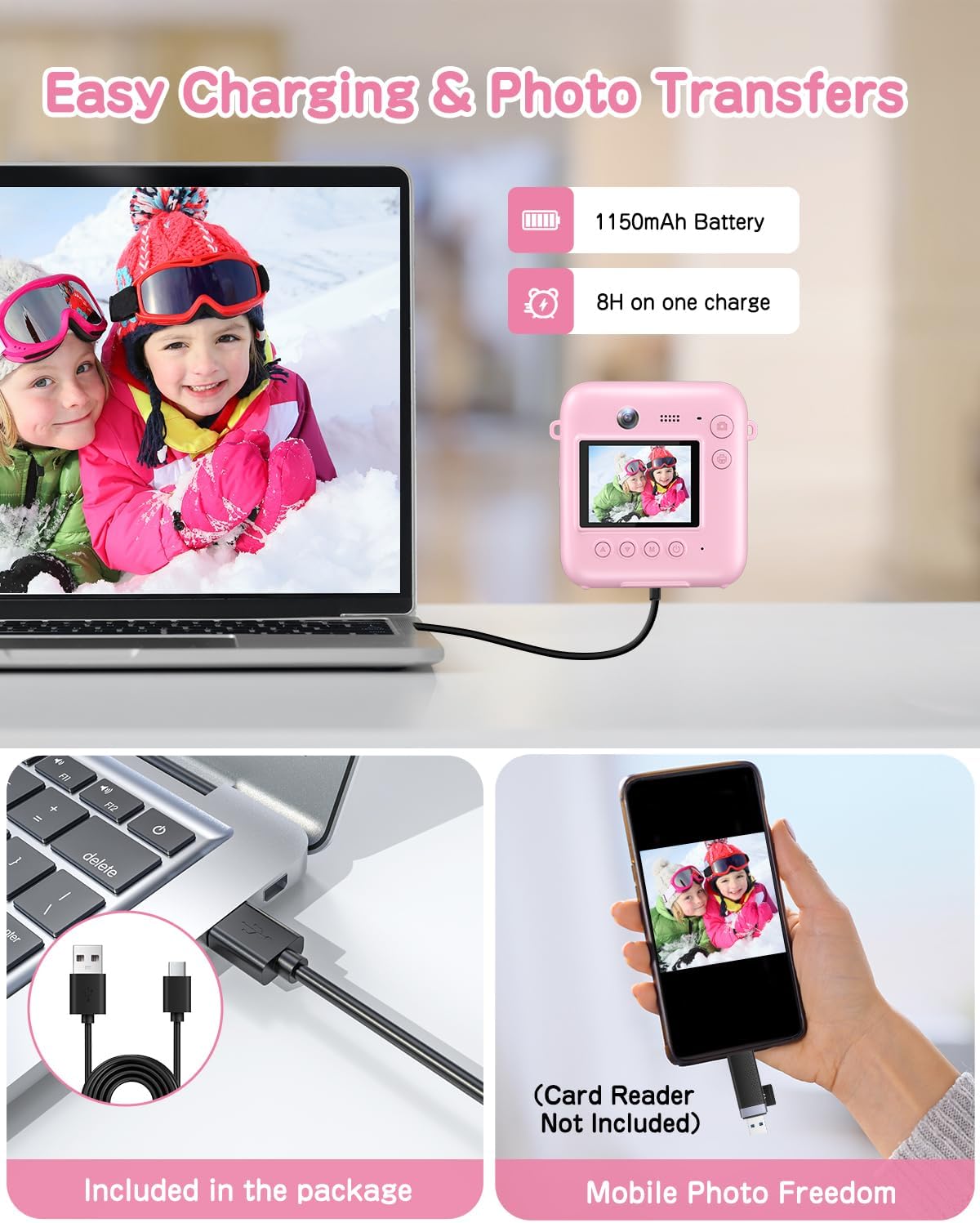 Cámara instantánea para niños 48MP, 1080P, con papel y tarjeta