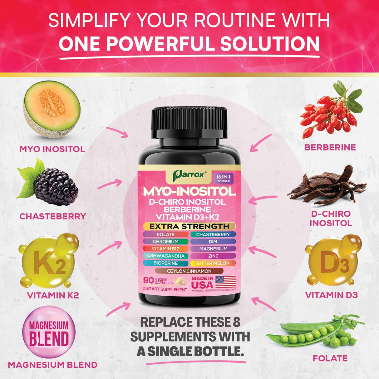 Suplemento de Inositol y vitaminas, 90 cápsulas veganas