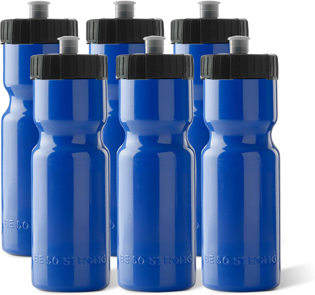 50 Strong - Paquete de 6 botellas de agua para deportes, 22 onzas Botella para bicicleta y deporte sin bisfenol A, con tapa fácil de abrir sin rosca, fabricada en Estados Unidos.