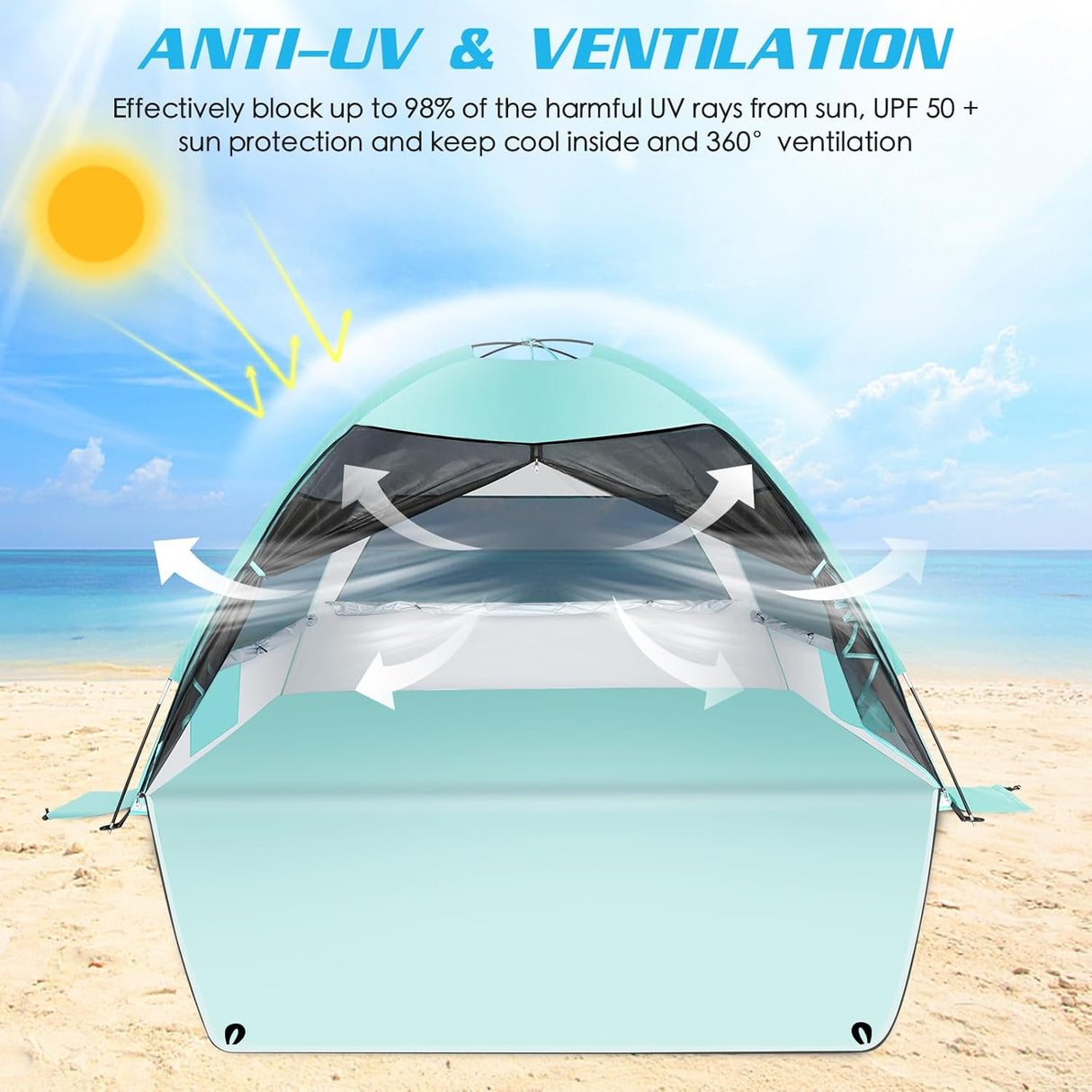 Tienda de playa fácil de montar, anti-UV, con ventanas enrollables