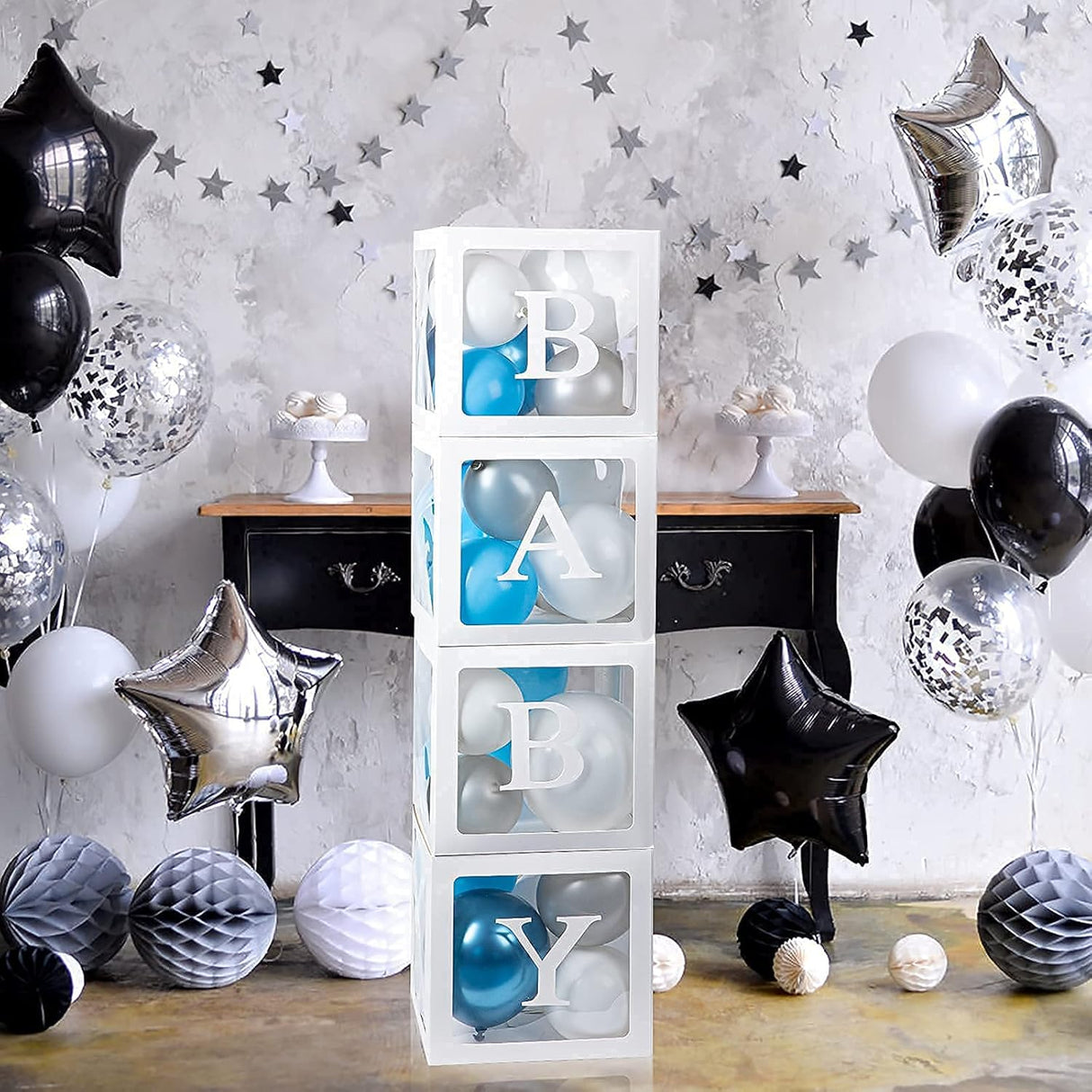 Keencopper Cajas de bebé con 30 letras (BABY+A-Z) para baby shower, decoraciones de baby shower para niño, cajas transparentes para globos transparentes para fiesta de primer cumpleaños, despedida de soltera, revelación de género, reutilizables