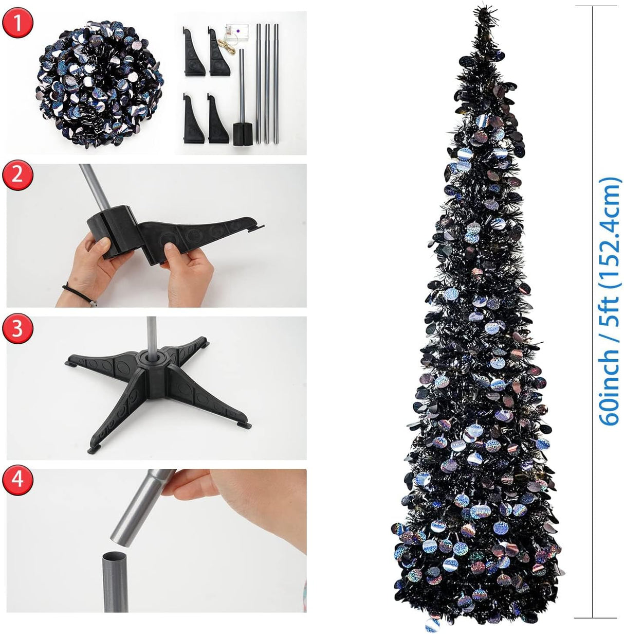 Árbol de Navidad 5ft WOKEISE con 50 luces, colapsable, tinsel