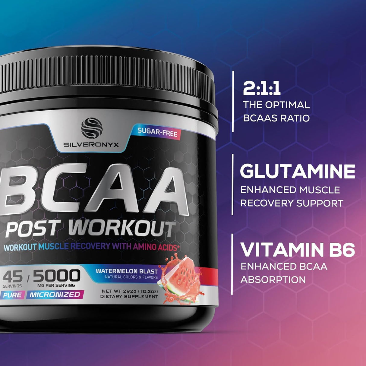 Suplemento de recuperación muscular con BCAA, L-Glutamina, aminoácidos, 45 porciones
