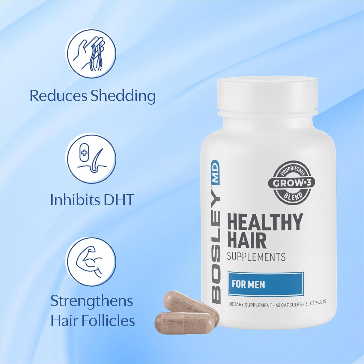 BosleyMD Suplementos saludables para el crecimiento del cabello con bloqueadores DHT para mujeres y hombres para un cabello más grueso, más lleno y más fuerte, suministro de 1 a 2 meses
