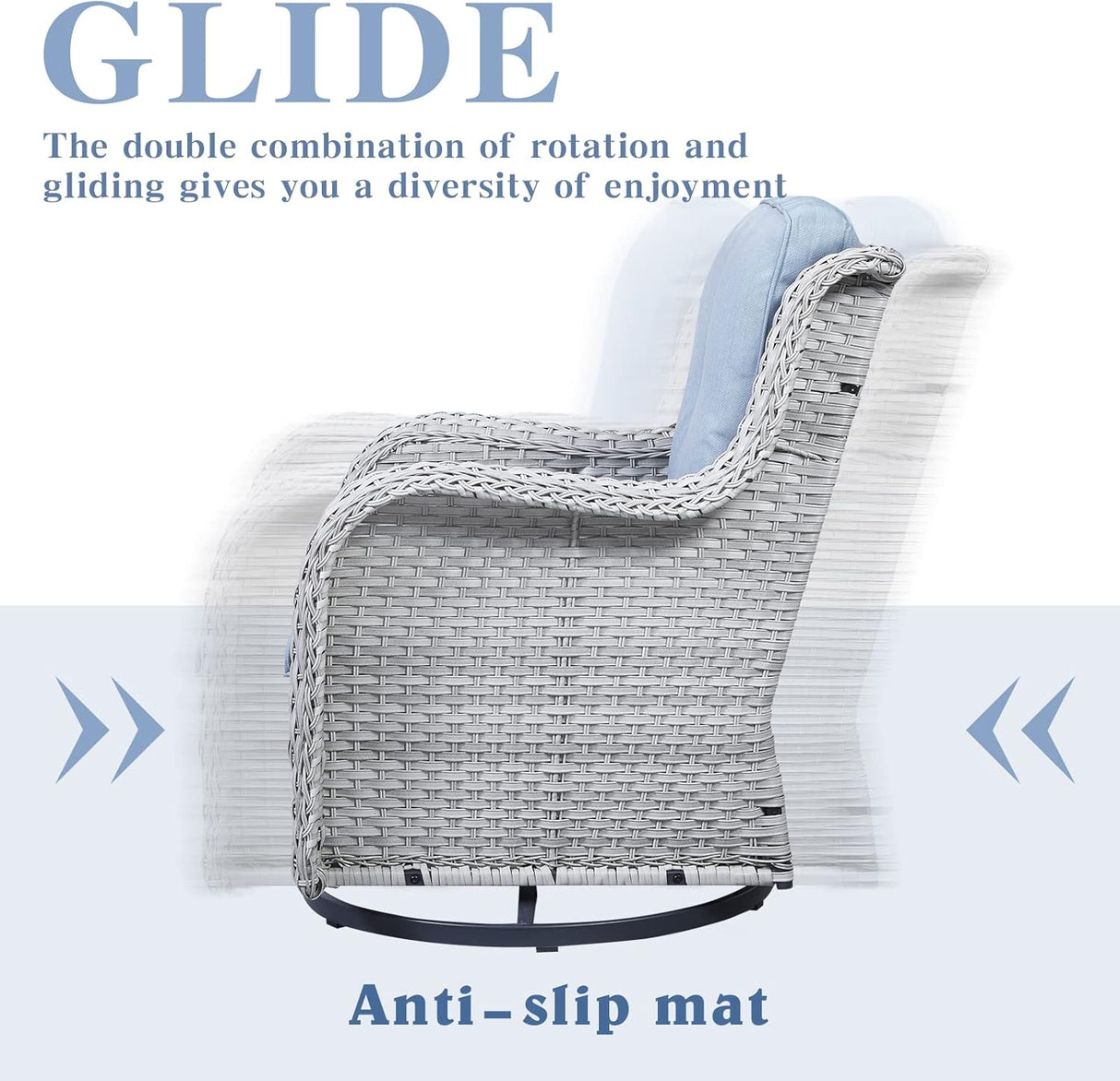 Belord Juego de muebles de patio al aire libre de 5 piezas, muebles de mimbre para conversación, sillas mecedoras giratorias para exteriores con sofá de 3 plazas y 2 otomanas para espacios pequeños, cojín azul bebé