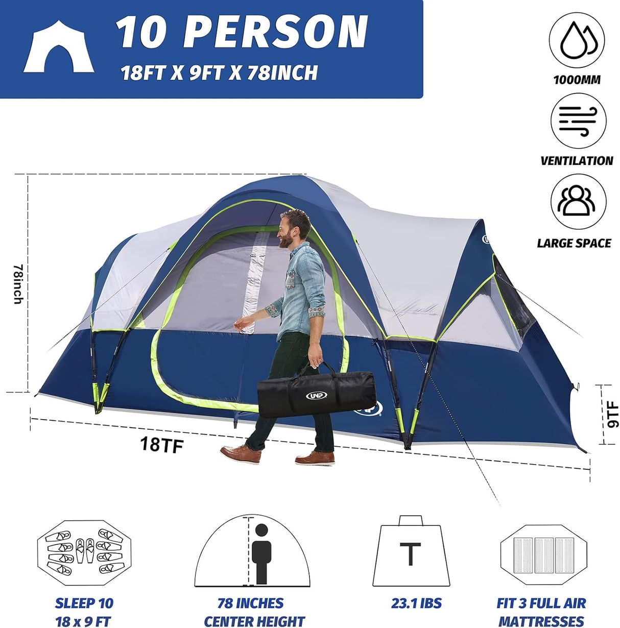 Tienda de Campaña UNP para 10 Personas, 2 Habitaciones, Impermeable