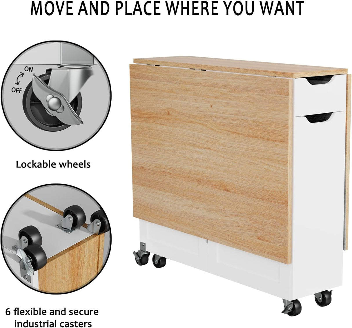 Mesa de Comedor Plegable, con Cajón y Ruedas, Modelo 2023