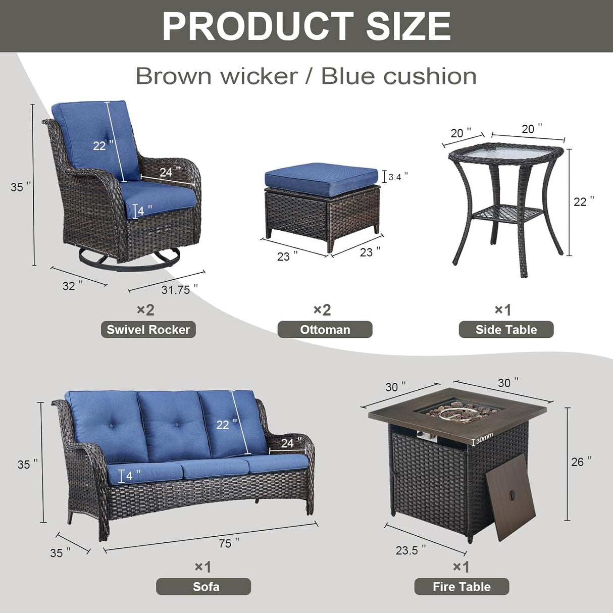 Belord Juego de muebles de patio al aire libre con mesa para fogata de propano, 7 piezas de mimbre para patio con 2 sillas giratorias mecedoras deslizantes, sofá de ratán, cojín azul, perfecto para