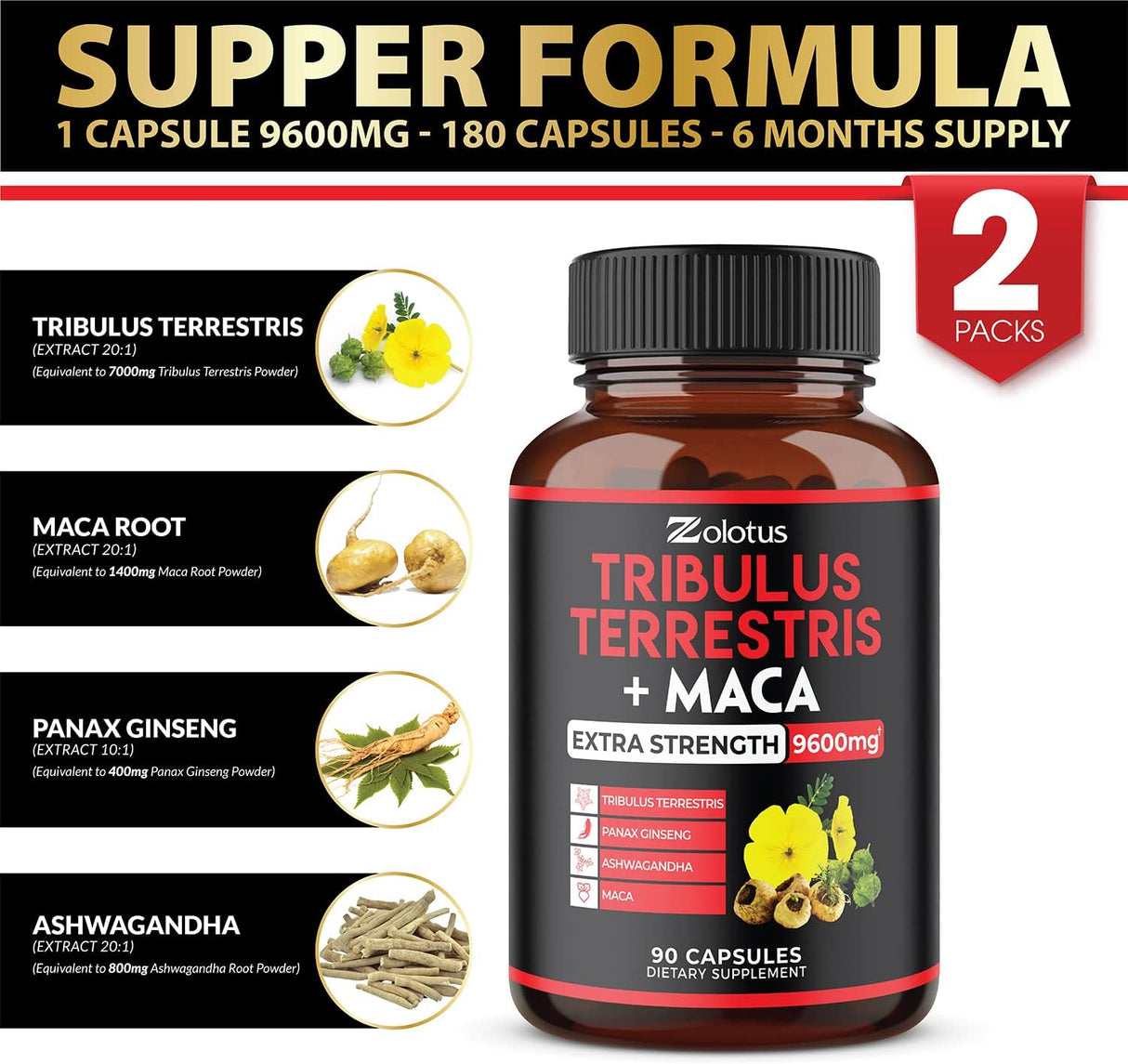 Suplementos 2 paquetes Premium Tribulus Terrestris + Maca