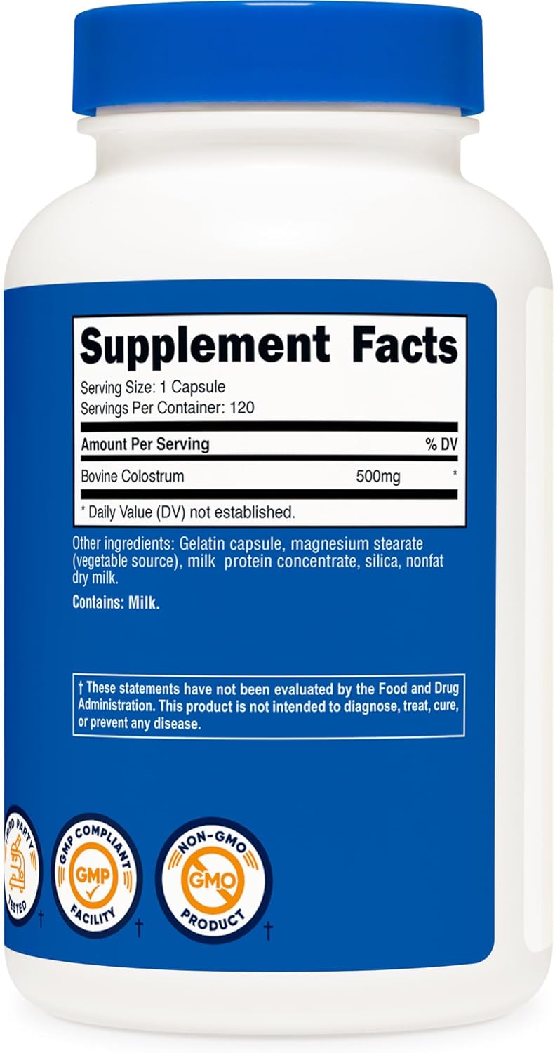 Colostrum 500mg Nutricost, 120 Cápsulas, Sin Gluten, No GMO