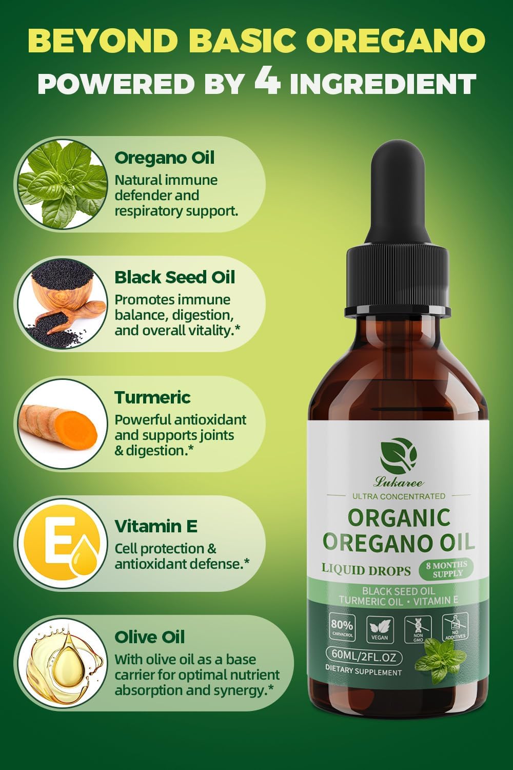 Aceite de Orégano Orgánico 80% Carvacrol con Semilla Negra, Cúrcuma y Vitamina E - Apoyo Inmunológico, Respiratorio y Digestivo - Vegano, Sin Azúcar, No GMO, 8 meses, 2 oz