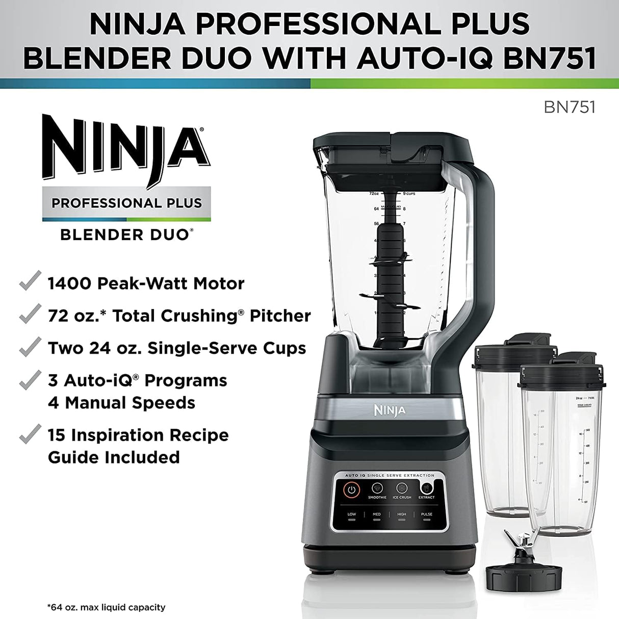 Licuadora Ninja BN751 Professional Plus DUO, 1400W, 72 oz.