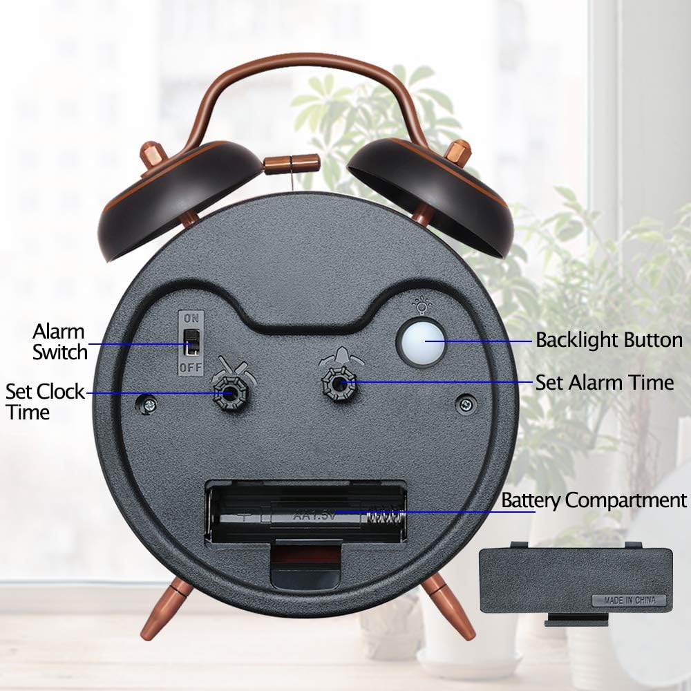 Reloj despertador retro a pilas con campanas dobles, modelo 4