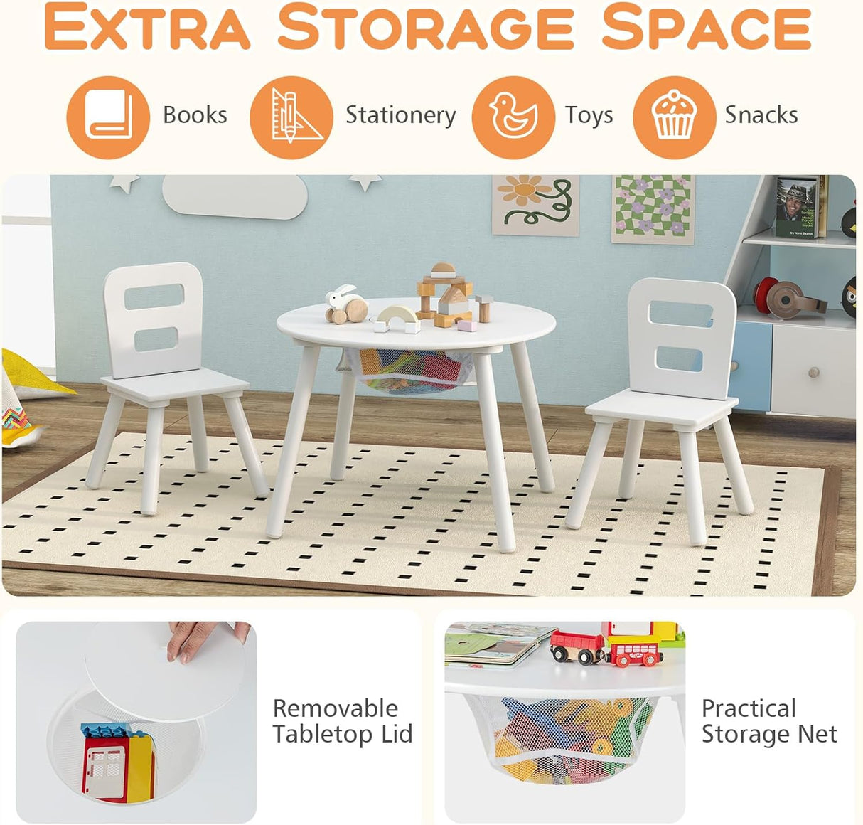 Juego de mesa y silla para niños de madera blanca