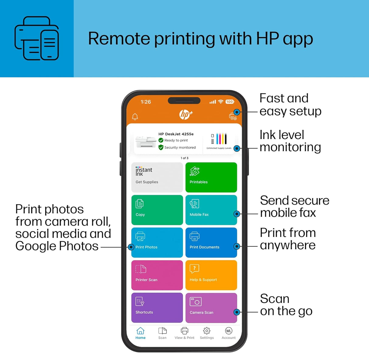 Impresora Multifuncional HP DeskJet 4255e, Incluye 3 meses de tinta