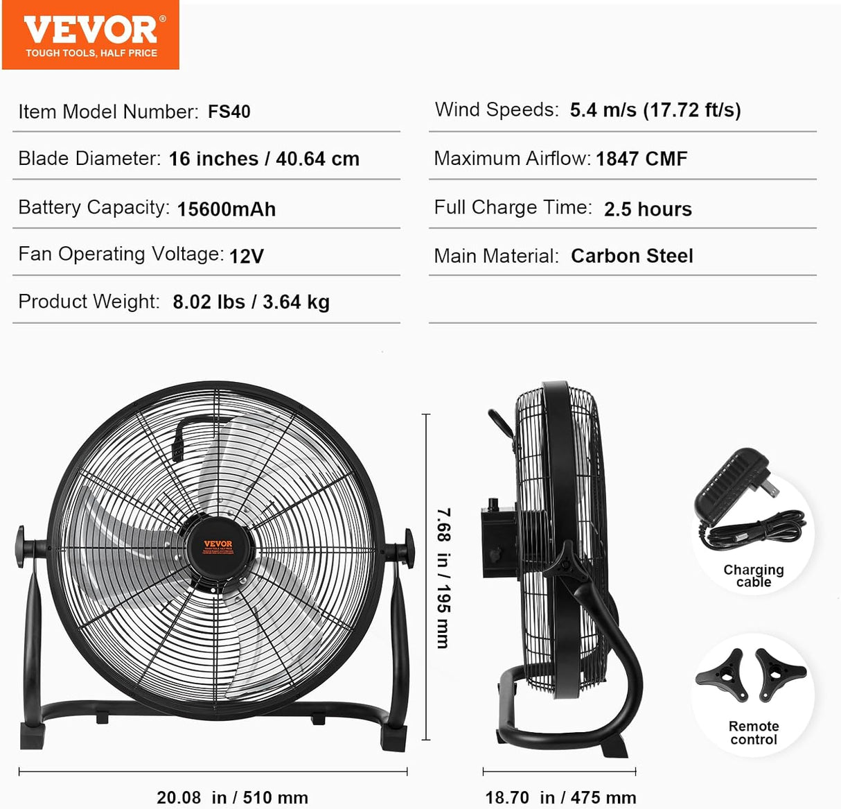 VEVOR Ventilador de piso recargable 16'', 360° pivotante, potente
