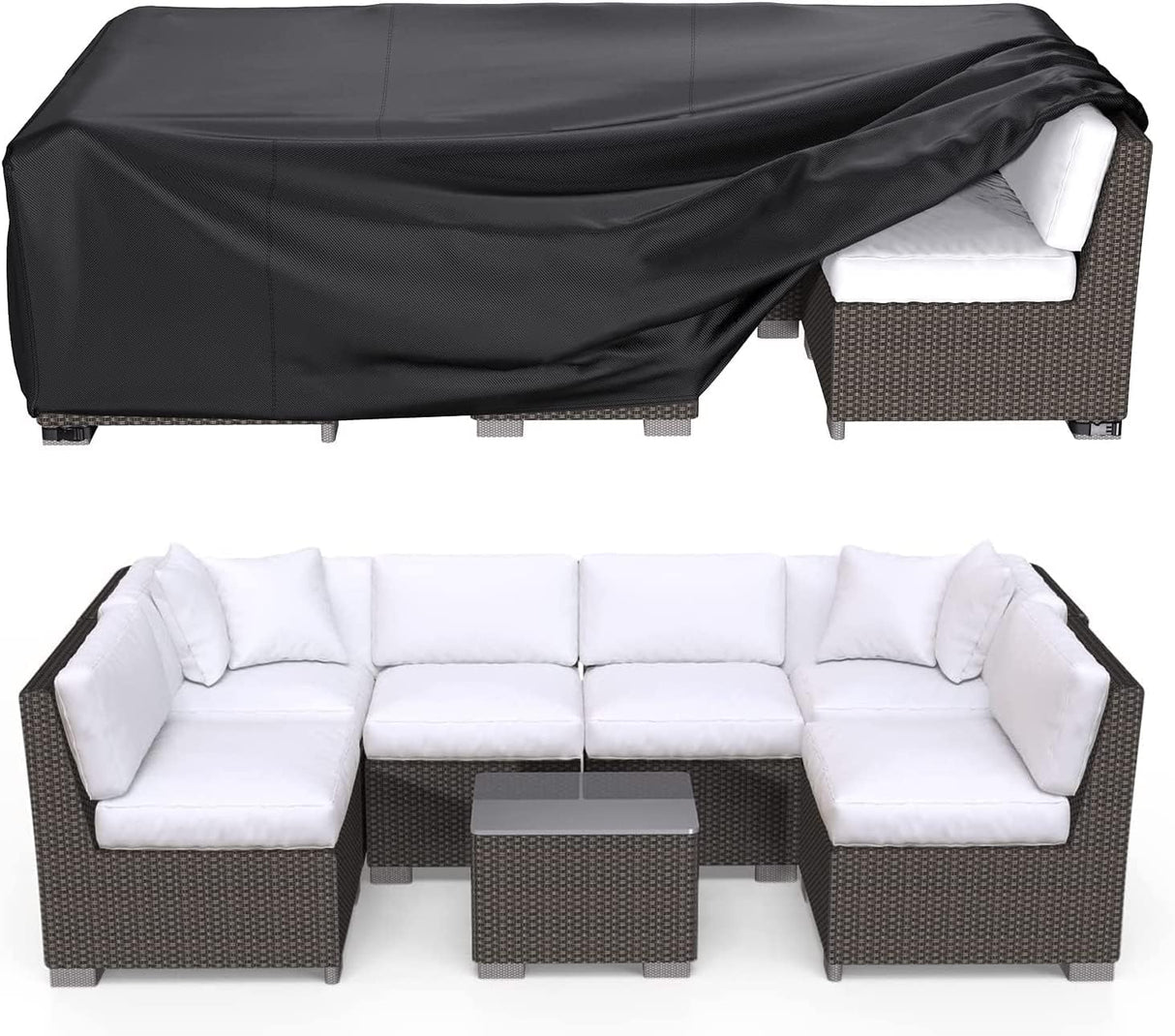 BROSYDA Fundas para muebles de patio, resistente al agua, 600D, para muebles de exterior, juego de fundas para sofá seccional, fundas para mesa y silla, 128 pulgadas de largo x 83 pulgadas de ancho x 28 pulgadas de alto