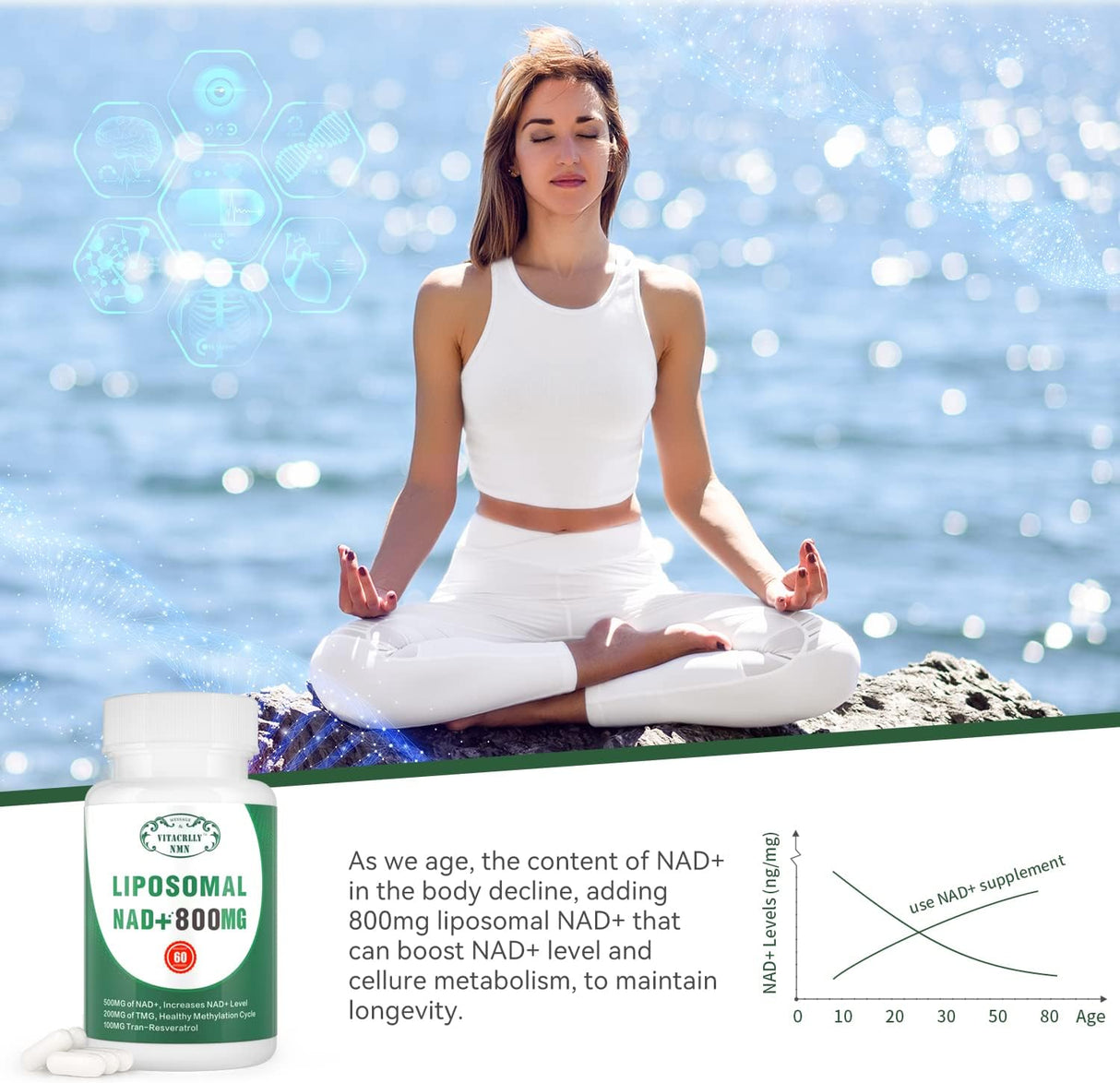 Suplemento Liposomal NAD+ Plus 800MG, Energía Celular y Antienvejecimiento