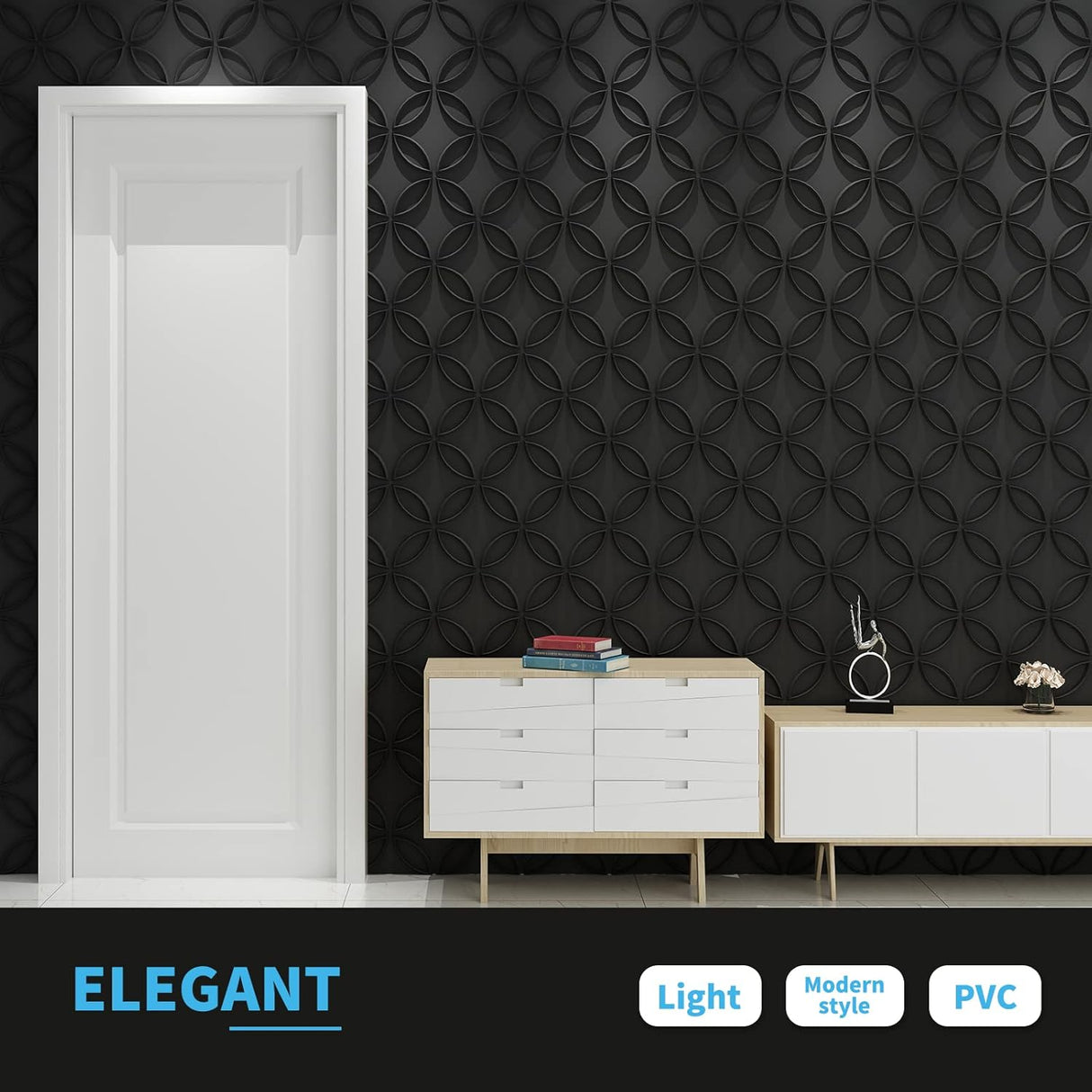 Panel de pared 3D de PVC con círculos entrelazados en negro