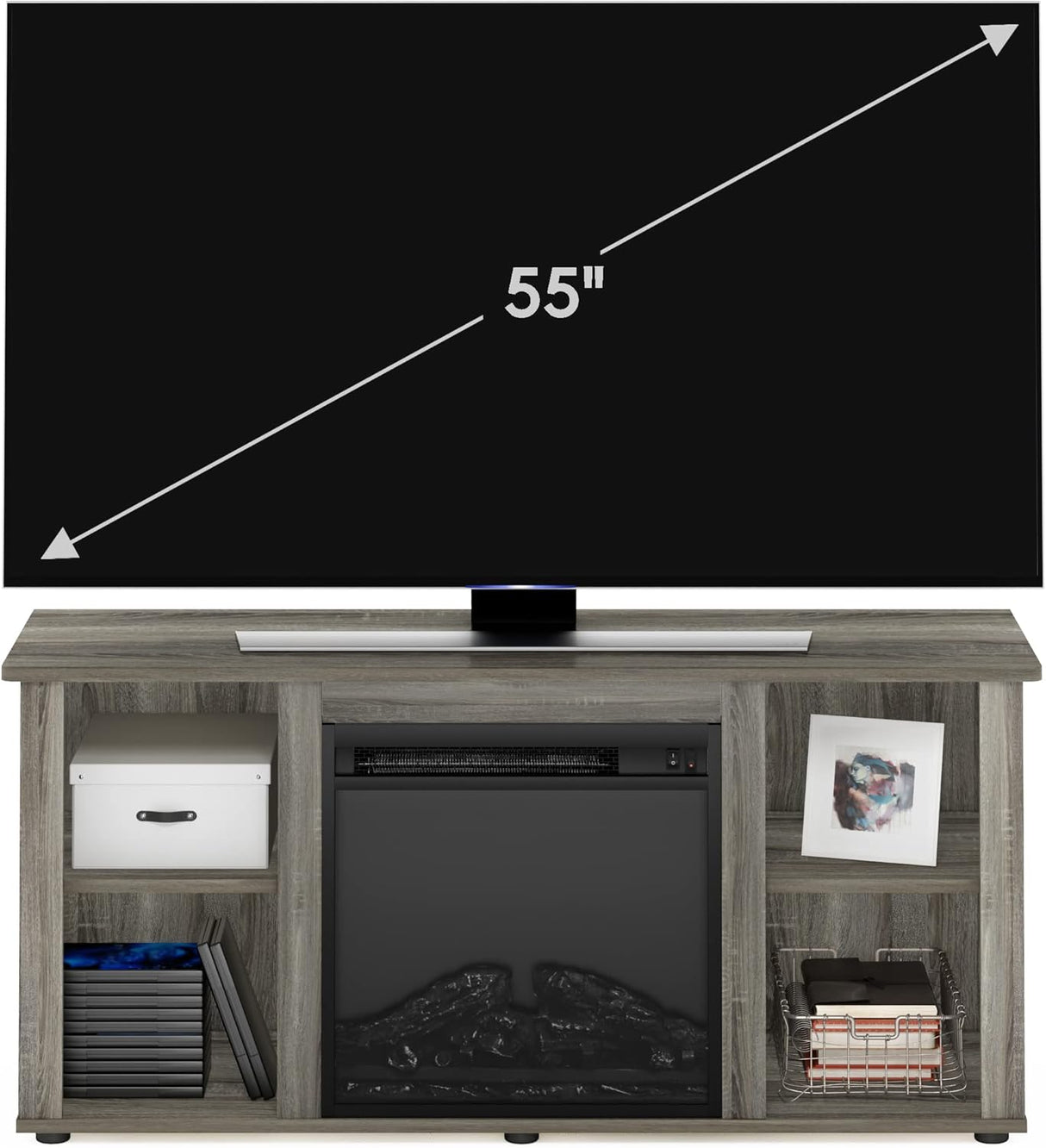 Soporte para TV con chimenea y almacenamiento, Jensen