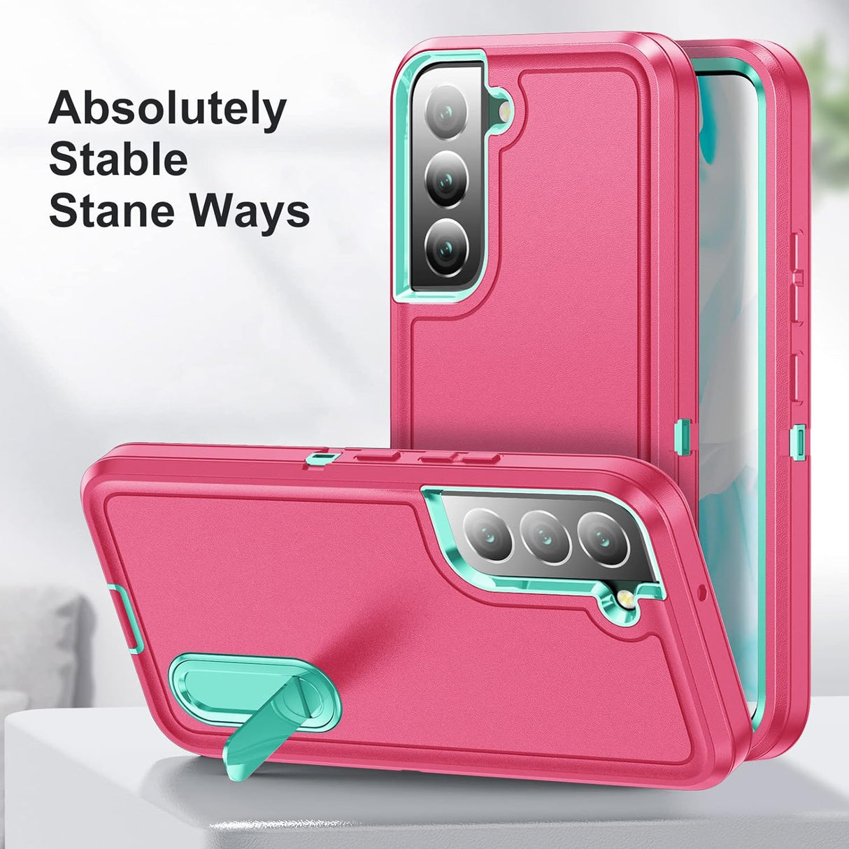 BaHaHoues Funda para Samsung Galaxy S22, Samsung S22 con soporte integrado, a prueba de golpes, polvo y caídas, de grado militar, funda protectora para Galaxy S22 5G de 6.1 pulgadas (rosa/azul aguamarina)