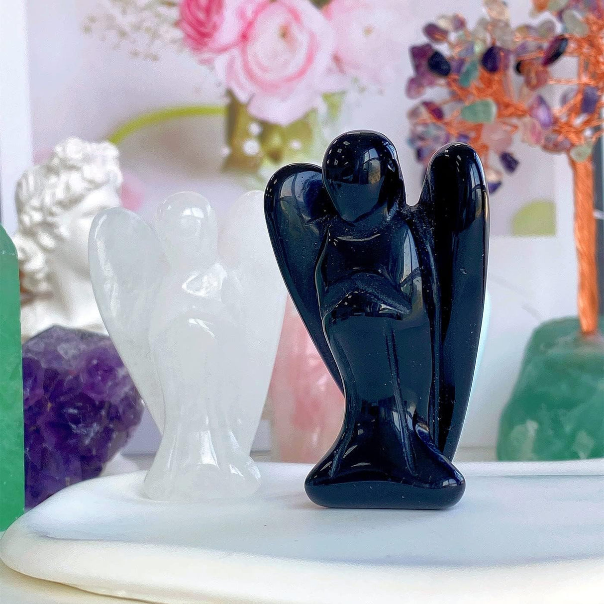 QINJIEJIE Cristales de ángel de obsidiana negra, decoración de ángel de la guarda de bolsillo curativo pulido, piedra preciosa tallada, estatua de ángel de la paz, regalo espiritual, protección para