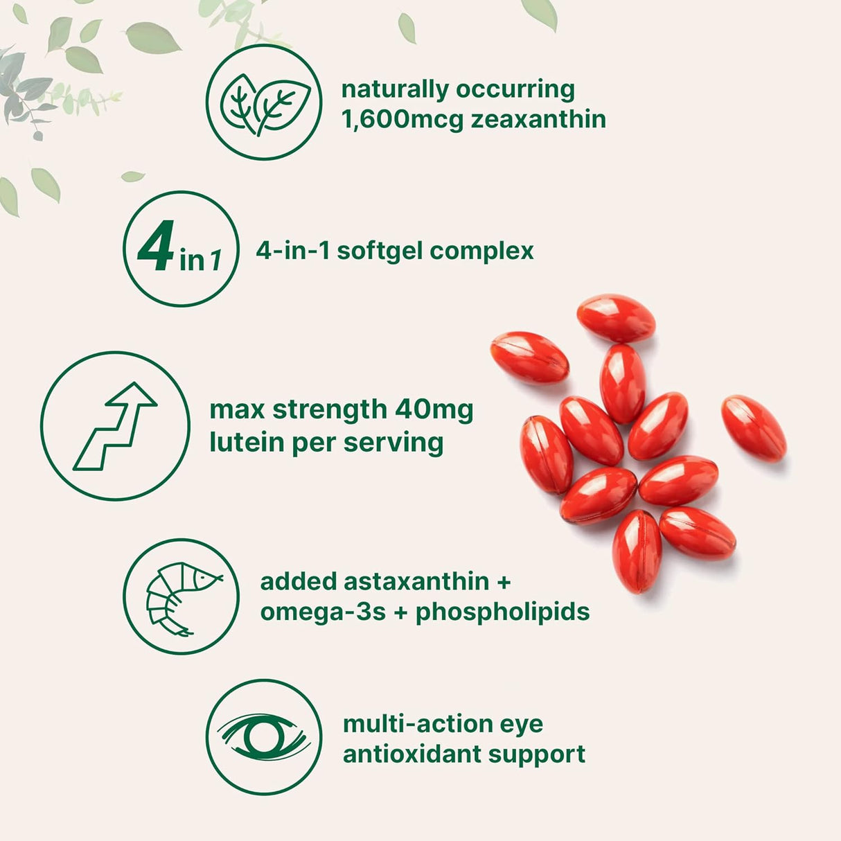 Micro Ingredients Cápsulas blandas de luteína y zeaxantina de 40 mg, 240 unidades, con astaxantina, omega-3 y fosfolípidos, vitaminas para la salud de los ojos y la visión, probadas por terceros, sin OMG, sin gluten