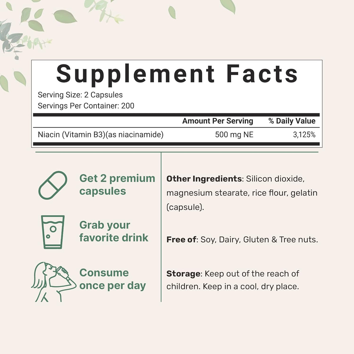 Suplemento Vitamina B3 de niacinamida de 500 mg