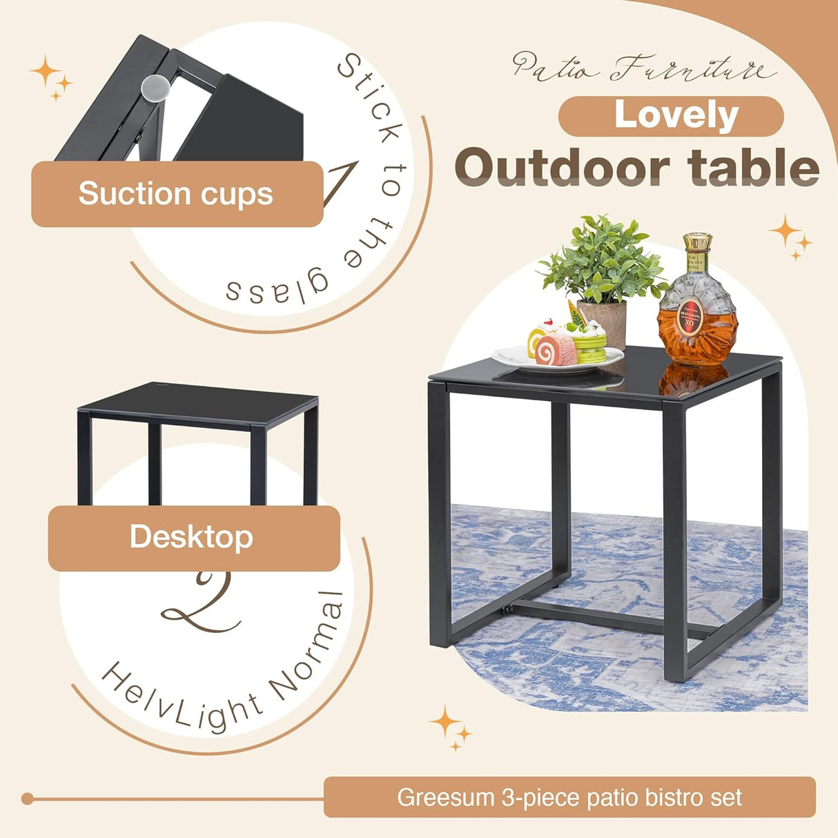 Greesum Juego de muebles de exterior de 3 piezas para patio, bistró, mecedoras con mesa de centro de cristal para piscina, playa, patio, balcón, porche, terraza, jardín, gris