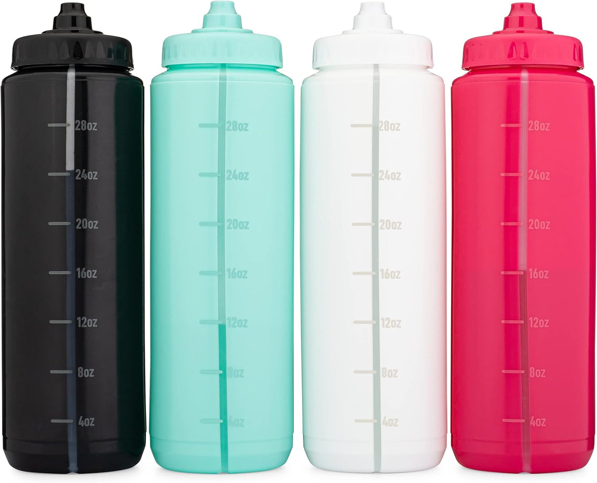 Hydra Cup - Paquete de 4 botellas de agua exprimibles de 32 onzas, sin BPA, para deportes, ciclismo, bicicleta, hidratación rápida por chorro, batidor de alambre incluido