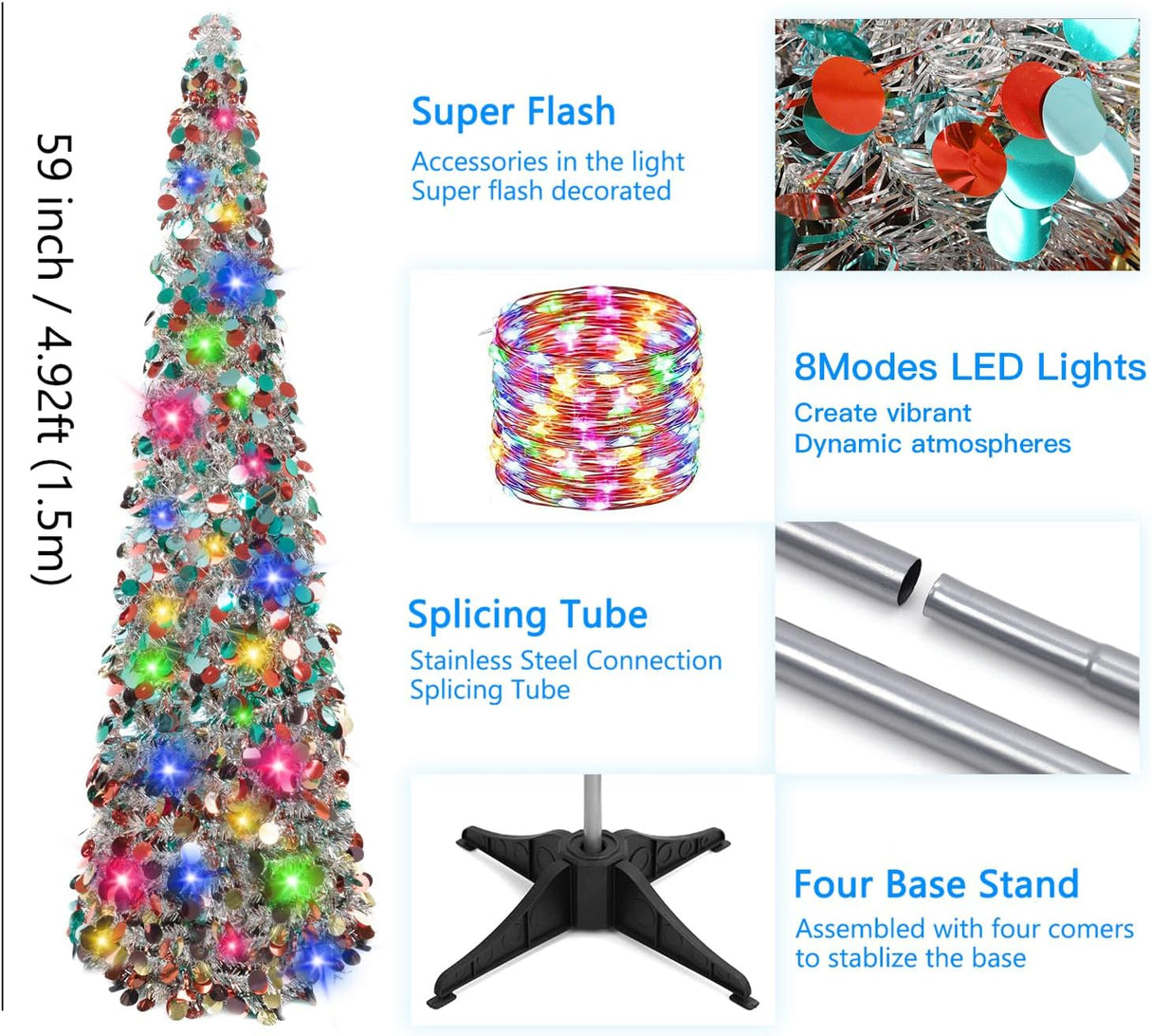 Árbol de Navidad Tinsel 5ft MACTING con luces y fácil ensamblaje
