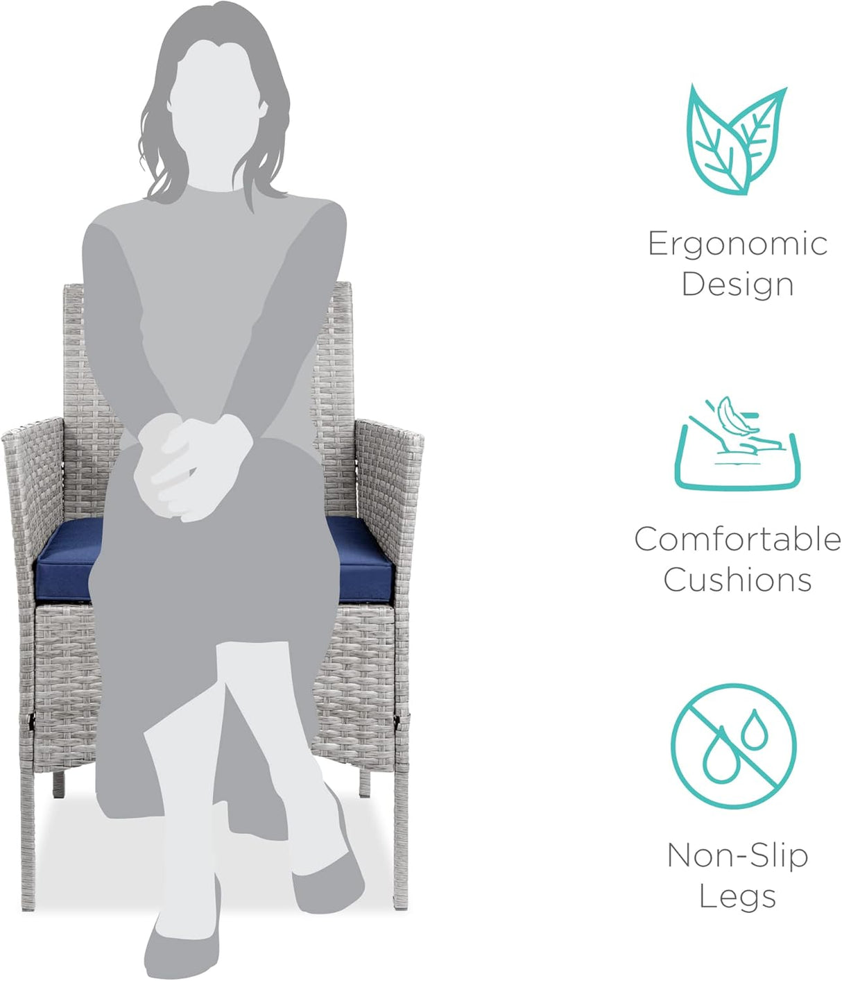 Best Choice Products Juego de 3 piezas de mimbre para exteriores, muebles de patio que ahorran espacio para patio, jardín con 2 sillas, 2 cojines, mesa de almacenamiento lateral, gris/azul marino