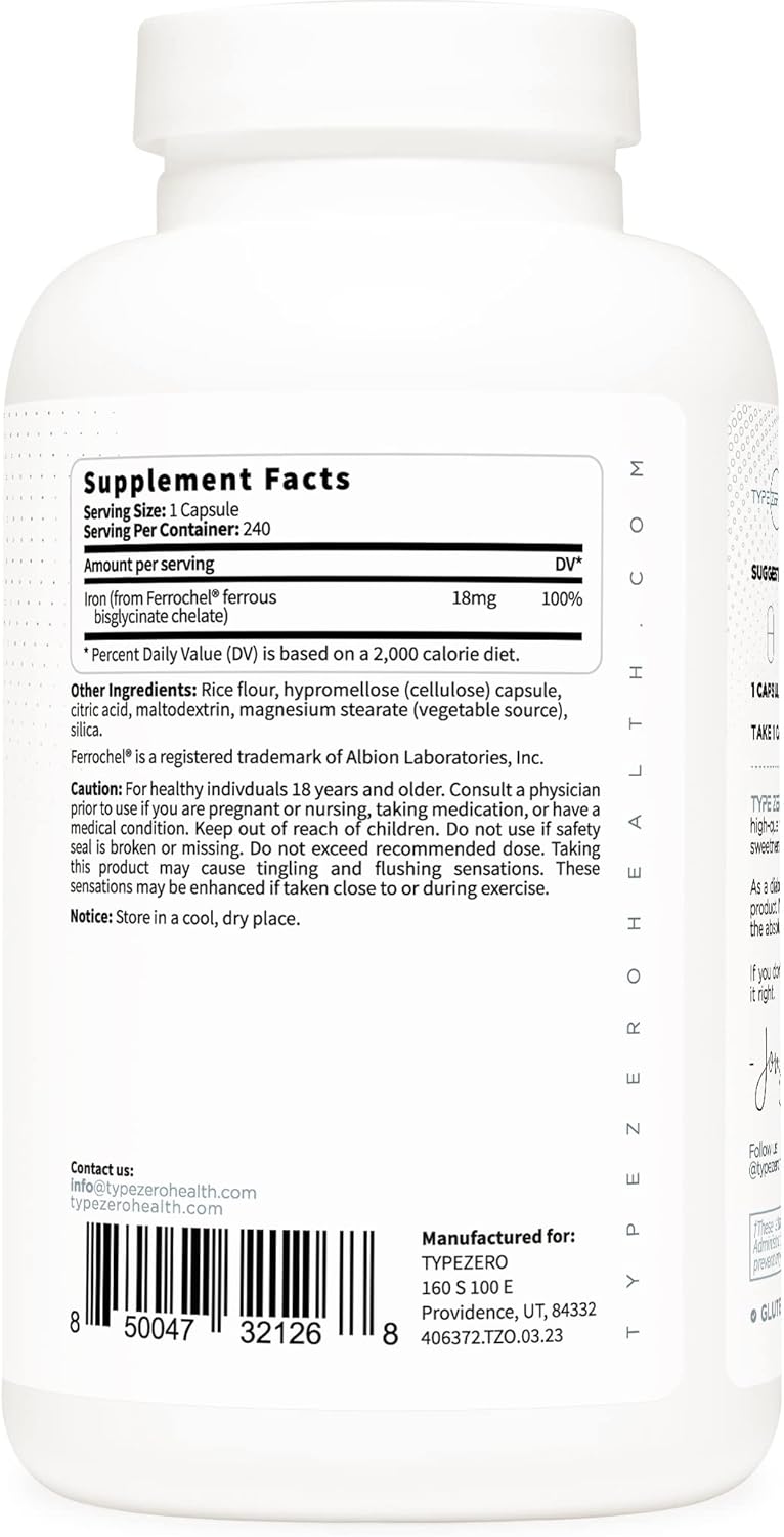 Suplemento zero de quelato de hierro 18 mg 240cáp Sin OMG