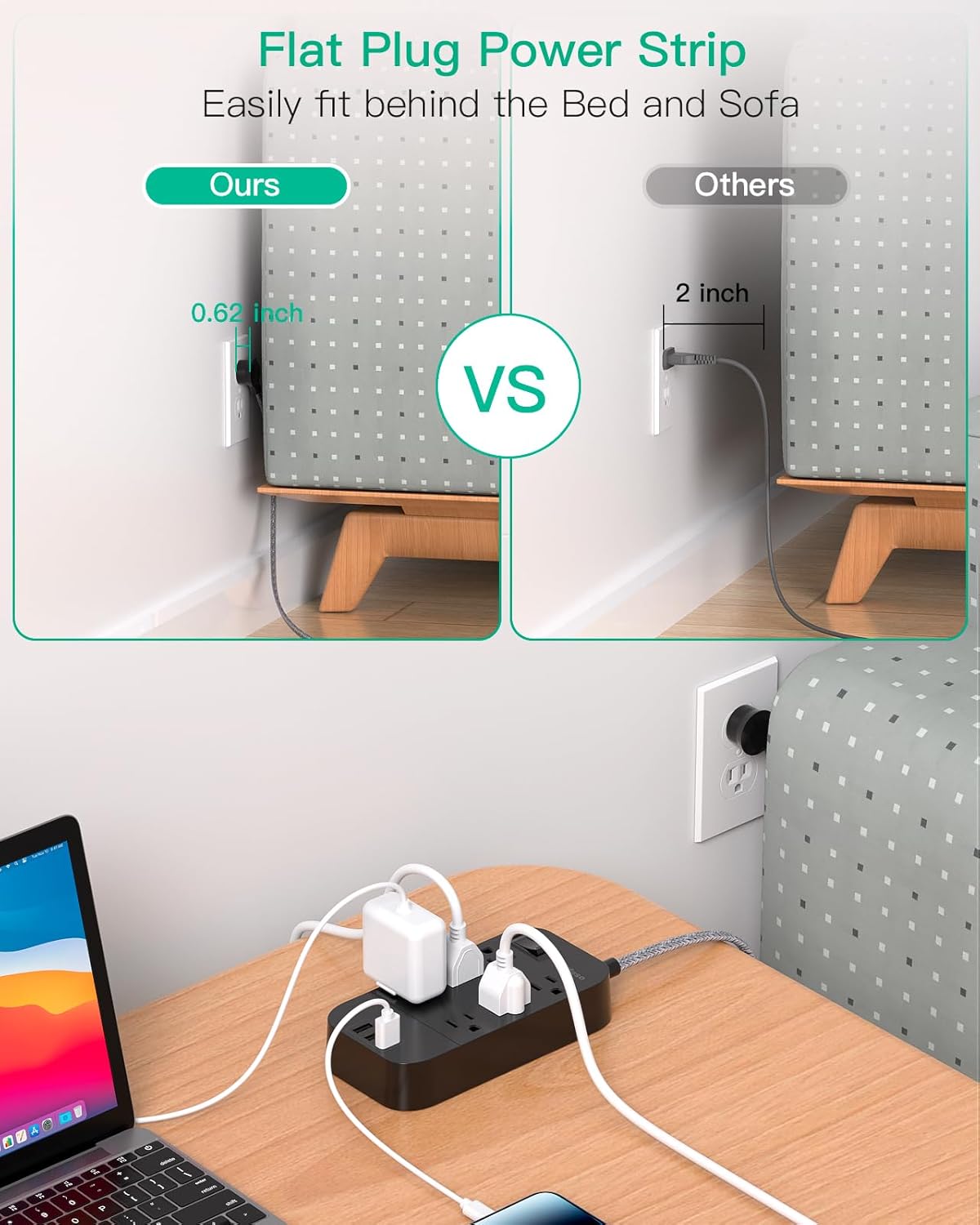 Regleta de alimentación – Cable de extensión de enchufe plano de 10 pies de largo, 6 tomacorrientes, 3 puertos USB, extensor de salida con protección contra sobrecarga, montaje en pared, estación de