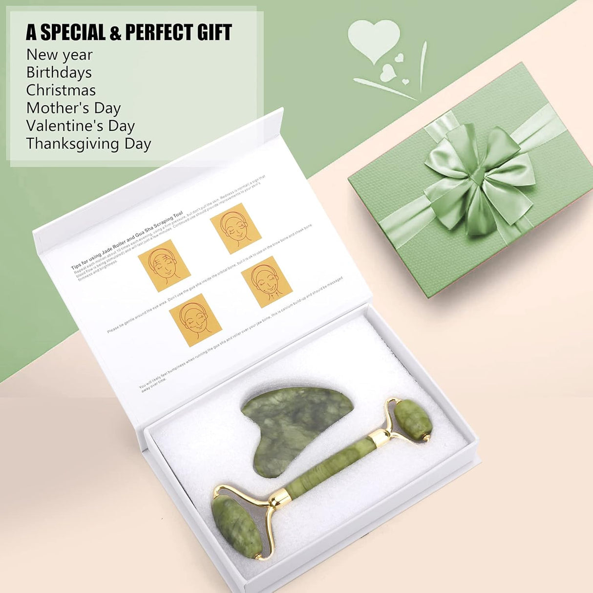 Juego de rodillo de jade y Gua Sha masajeador Deciniee