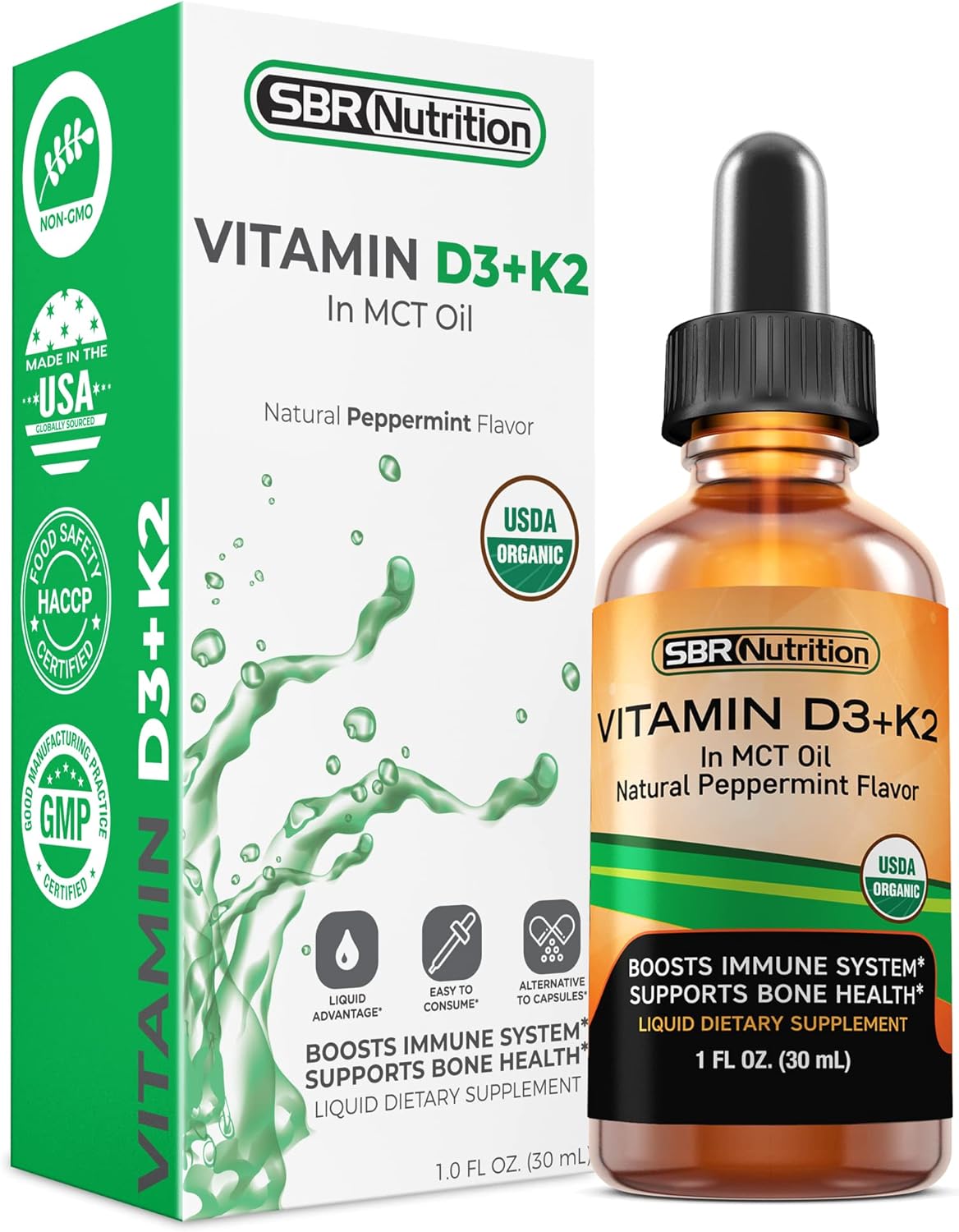 Suplemento de Vitamina D3 + K2 Líquido, MCT, Menta, Soporte Óseo
