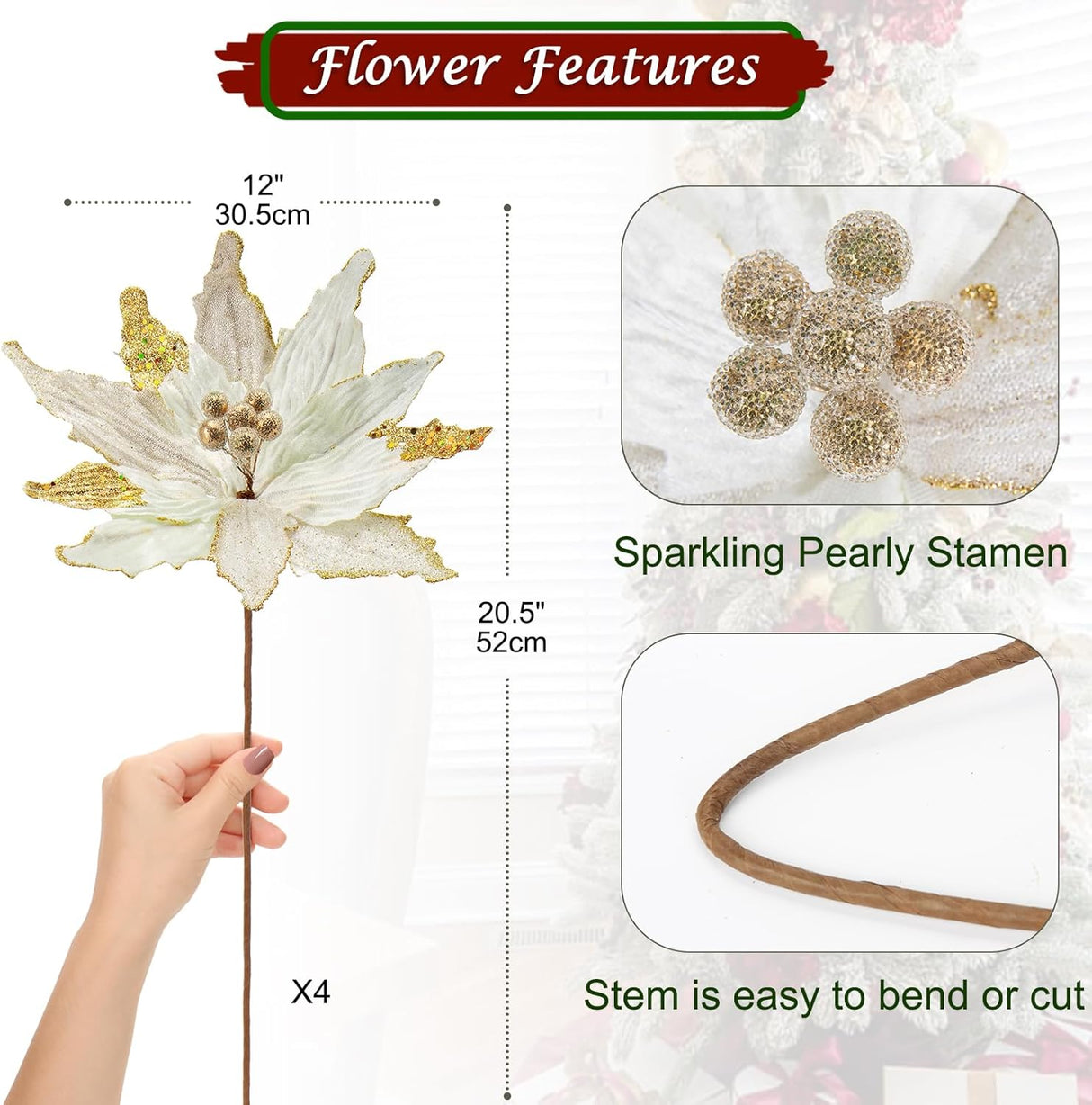 Flores Poinsettia Artificial Briful 12'' Set de 4 para Decorar