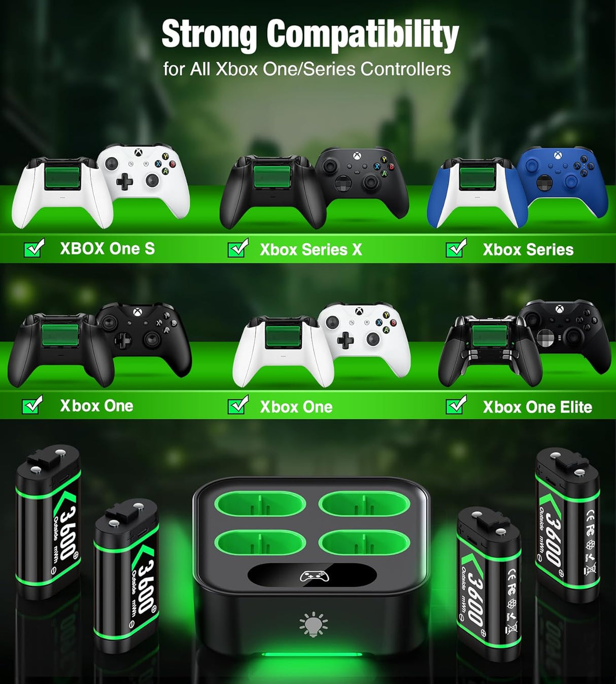 Baterías Recargables Xbox, Carga Rápida, 4 x 3600mWh, Series X|S